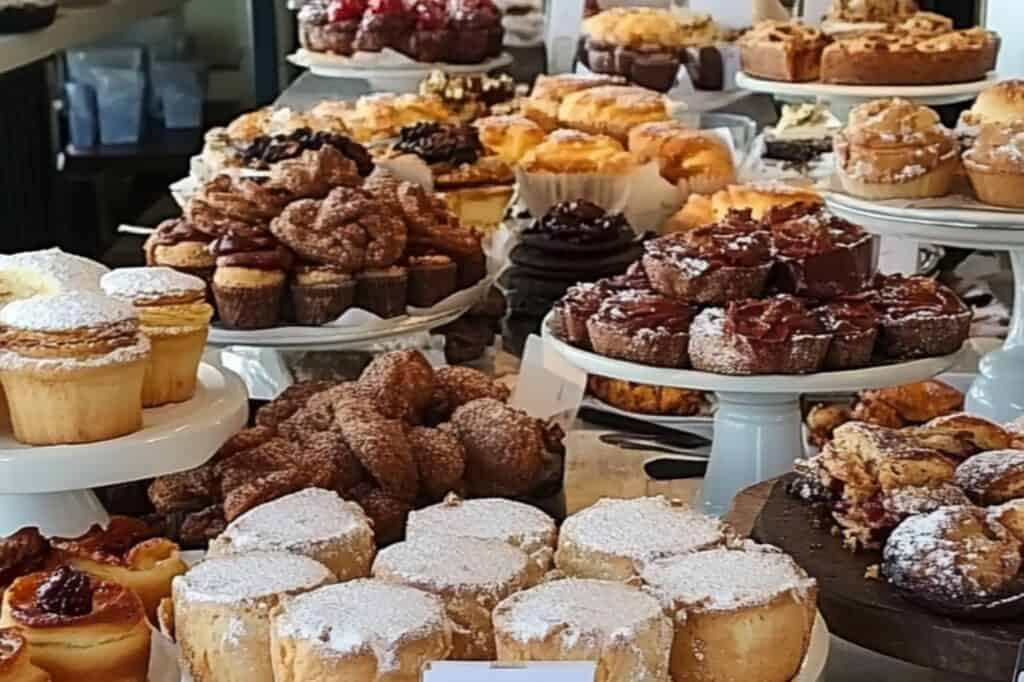 The table full of pastries and cake in a pastry shop